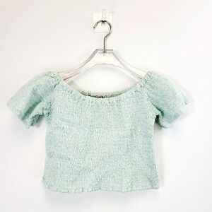 Peasant Smocked Crop Top Womens M 10 Ice Blue Off Shoulder Italian MASTRO STORE‎